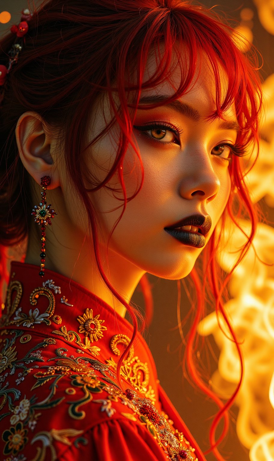 (Clear High Definition: 1.1), (Breathing fire from the whole body, heavy atmosphere), 17 years old, girl, yellow irises glowing with fire, very low angle, sly smile on face, lips with black lipstick, wavy bangs covering forehead, long fiery red hair flowing down cheeks and partially covering face reflects a lively and energetic atmosphere. The red dress decorated with ornate embroidery has exquisite details. The witch with black nails is in a dynamic pose, and the features of the subject engulfed in blazing fire are highly detailed and oriental and anatomically correct, as is the scene where the light is backlit and illuminates her face. The vividly colored subject contrasts with the blurred natural background. All textures, realistic skin, wrinkles, and hair are rendered in 8K resolution with photo-realistic quality, inviting viewers into a dreamlike world.