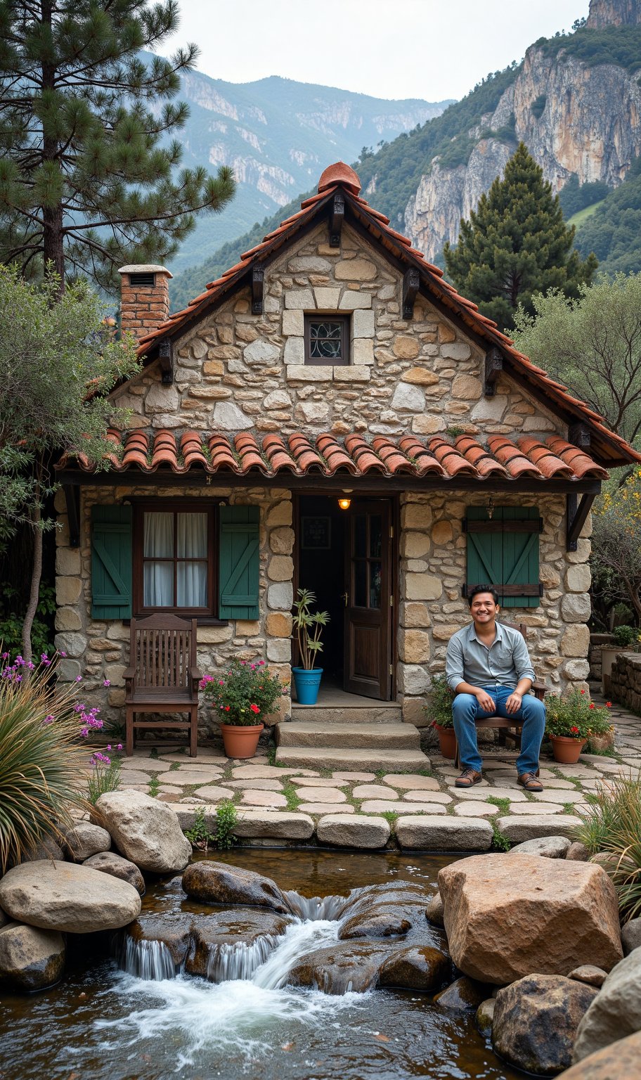 "A modest house in Ajaccio, Corsica, in 1769, surrounded by mountains and trees, with a warm village atmosphere, and a young asian man sits on chair in front of the house smiling looking at camera. in front of the house there is a small river flowing, there are decorative rocks."