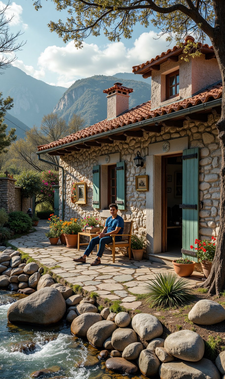 "A modest house in Ajaccio, Corsica, in 1769, surrounded by mountains and trees, with a warm village atmosphere, and a young asian man sits on chair in front of the house smiling looking at camera. caring for a newborn inside a single room. In front of the house there is a flowing river, there are decorated rocks."