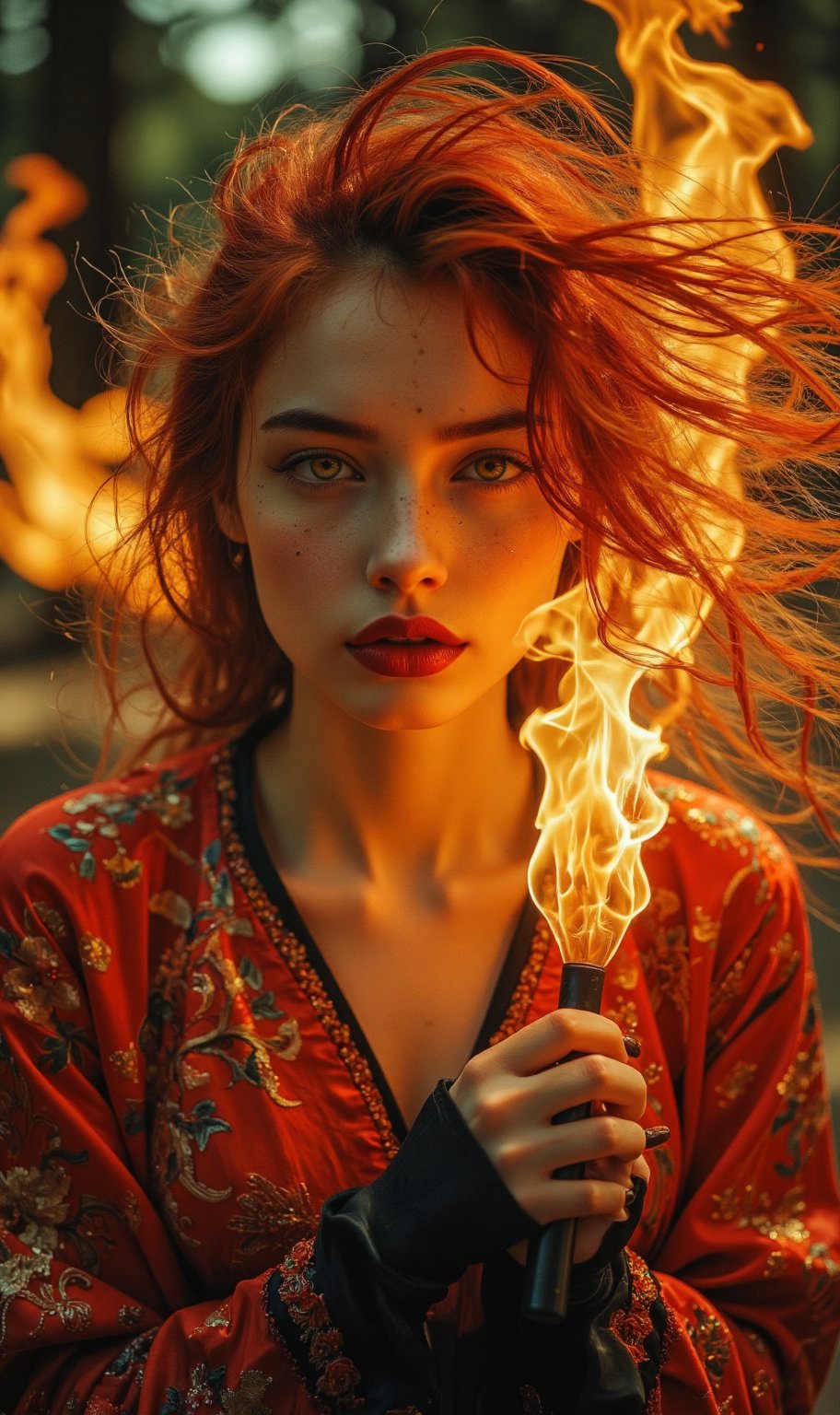 (Clear High Definition: 1.1), (Breathing fire from the whole body, heavy atmosphere), 17 years old, girl, yellow irises glowing with fire, very low angle, sly smile on face, lips with black lipstick, wavy bangs covering forehead, long fiery red hair flowing down cheeks and partially covering face reflects a lively and energetic atmosphere. The red dress decorated with ornate embroidery has exquisite details. The witch with black nails is in a dynamic pose, and the features of the subject engulfed in blazing fire are highly detailed and oriental and anatomically correct, as is the scene where the light is backlit and illuminates her face. The vividly colored subject contrasts with the blurred natural background. All textures, realistic skin, wrinkles, and hair are rendered in 8K resolution with photo-realistic quality, inviting viewers into a dreamlike world.,Midjourneyart 