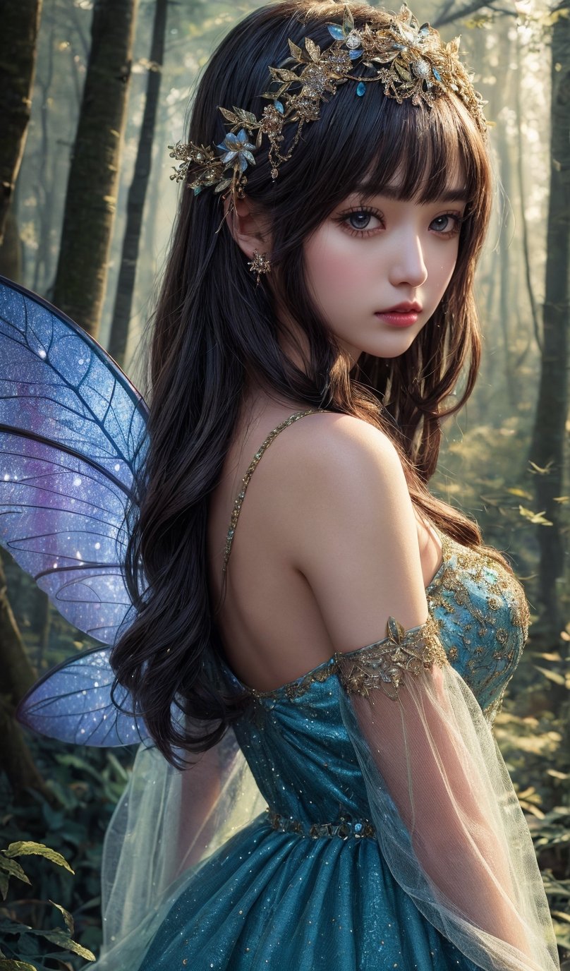 1girl, fairy of the North, fur, fairy wings, high detail, High quality, looking at viewer, forest, dark light, intricate detailed, masterpiece, 