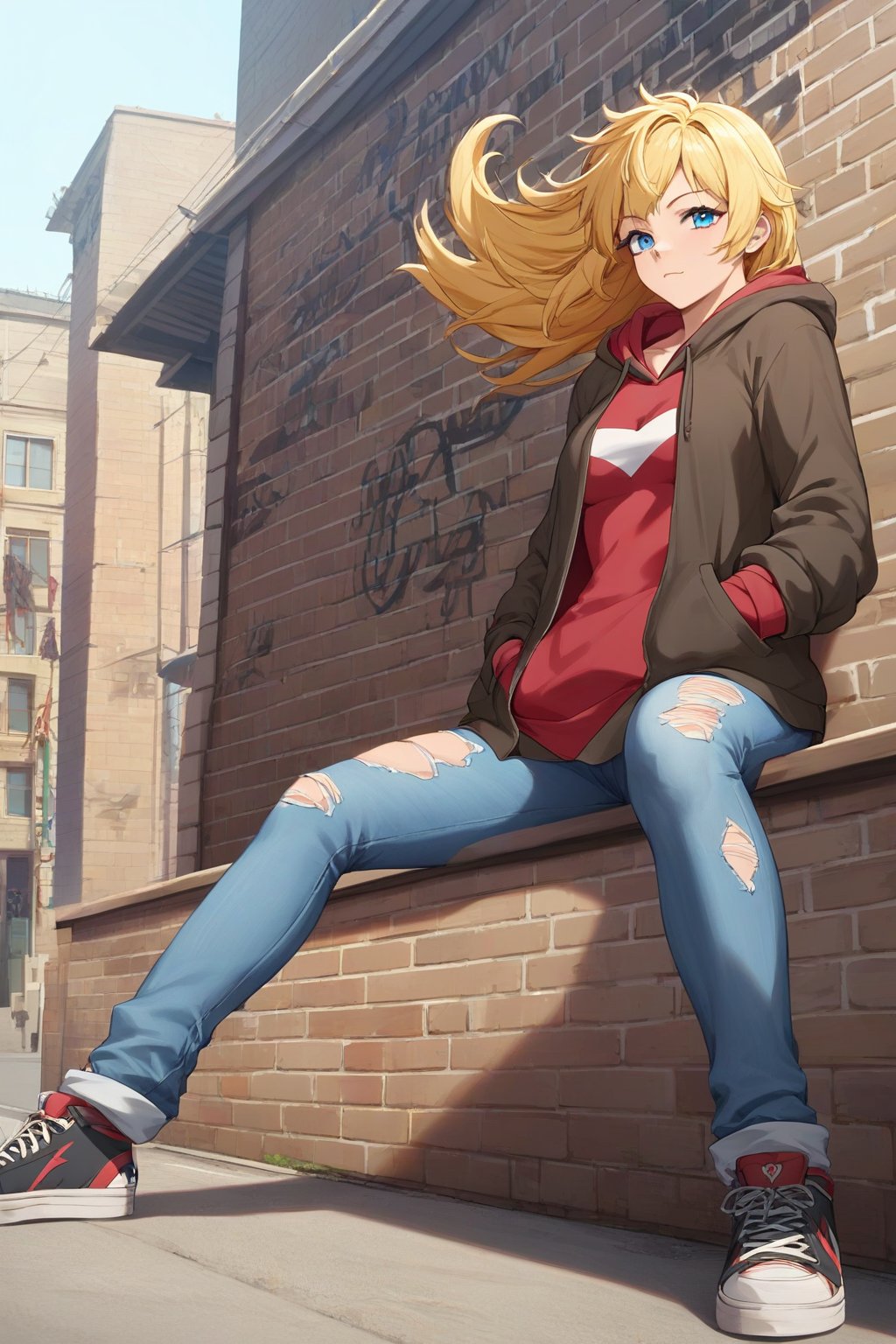 score_9, score_8_up, score_7_up, source_anime, masterpiece, high detailed,very aesthetic, ritto, 1girl, blonde hair, blue eyes, detailed gorgeous eyes, perfect face, detailed face, street-style girl, sitting, confident pose, under bridge, graffiti art, urban setting, hoodie, ripped jeans, sneakers, vibrant colors, expressive graffiti, shadows, natural lighting, BREAK, relaxed expression, hands in pockets, cool demeanor, wind-blown hair, cinematic, dusk, from_below,