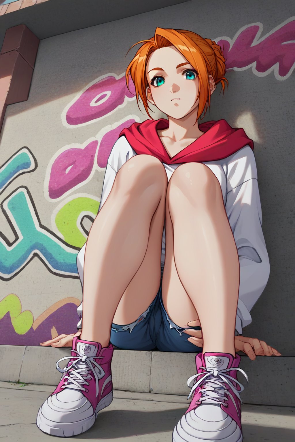 score_9, score_8_up, score_7_up, source_anime, masterpiece, high detailed,very aesthetic, kanou makoto, 1girl, orange hair, aqua eyes, detailed gorgeous eyes, perfect face, detailed face, street-style girl, sitting, confident pose, under bridge, graffiti art, urban setting, hoodie, ripped jeans, sneakers, vibrant colors, expressive graffiti, shadows, natural lighting, BREAK, relaxed expression, hands in pockets, cool demeanor, wind-blown hair, cinematic, dusk, from_below,