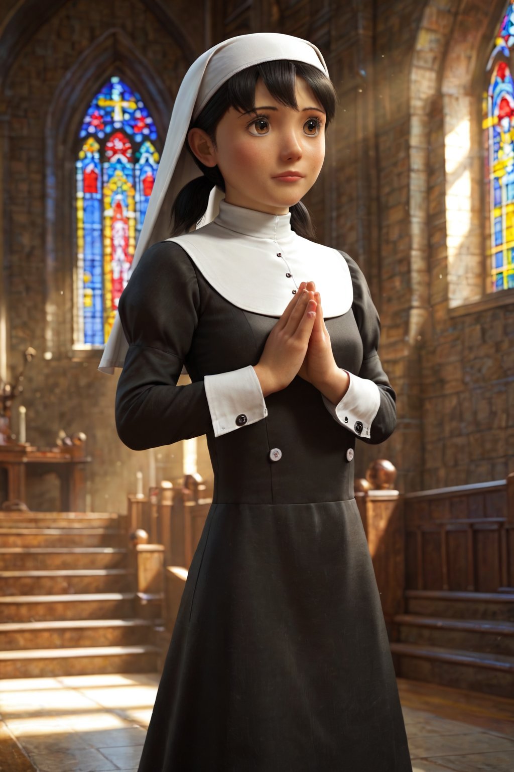 score_9, score_8_up, score_7_up, source_anime, masterpiece, high detailed,very aesthetic, minamoto shizuka, low twintails, short hair, 1girl, black hair, brown eyes, detailed gorgeous eyes, perfect face, detailed face, pray in the church, detailed background, nun clothes, dutch_angle, god rays, concept art,