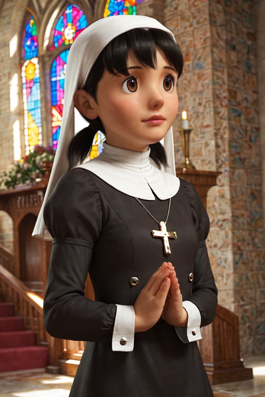 score_9, score_8_up, score_7_up, source_anime, masterpiece, high detailed,very aesthetic, minamoto shizuka, low twintails, short hair, 1girl, black hair, brown eyes, detailed gorgeous eyes, perfect face, detailed face, pray in the church, detailed background, nun clothes, dutch_angle, god rays, concept art,