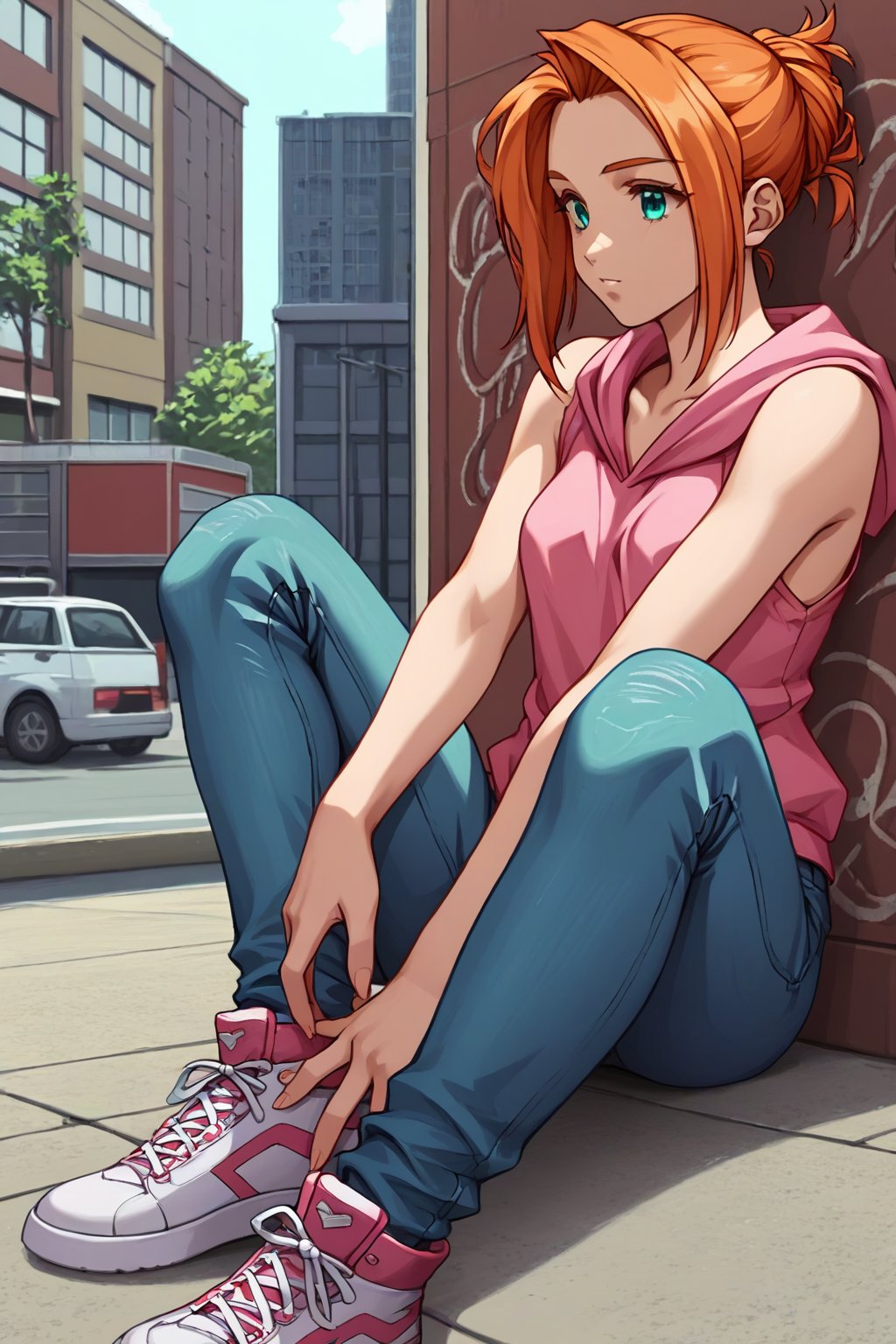 score_9, score_8_up, score_7_up, source_anime, masterpiece, high detailed,very aesthetic, kanou makoto, 1girl, orange hair, aqua eyes, detailed gorgeous eyes, perfect face, detailed face, street-style girl, sitting, confident pose, under bridge, graffiti art, urban setting, hoodie, ripped jeans, sneakers, vibrant colors, expressive graffiti, shadows, natural lighting, BREAK, relaxed expression, hands in pockets, cool demeanor, wind-blown hair, cinematic, dusk, from_below,