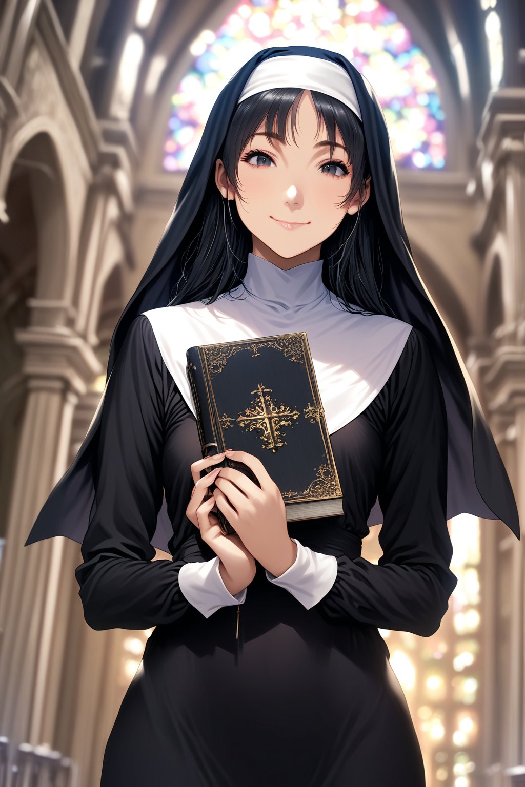 tokiyama sui, 1girl, black hair, black eyes, solo, nun, traditional nun, solo, holding, realistic, habit, book, church, looking at viewer, holding book, cross, smile, indoors, cowboy shot, long hair, blurry, blurry background, dress, closed mouth, lips, asian, (black dress), black wimple, anime coloring, official art, masterpiece, best quality, cute girl, beautiful girl, perfect body, perfect face, shiny eyes, soft lightning,masterpiece, best quality, cute girl, beautiful girl, perfect body, perfect face, shiny eyes