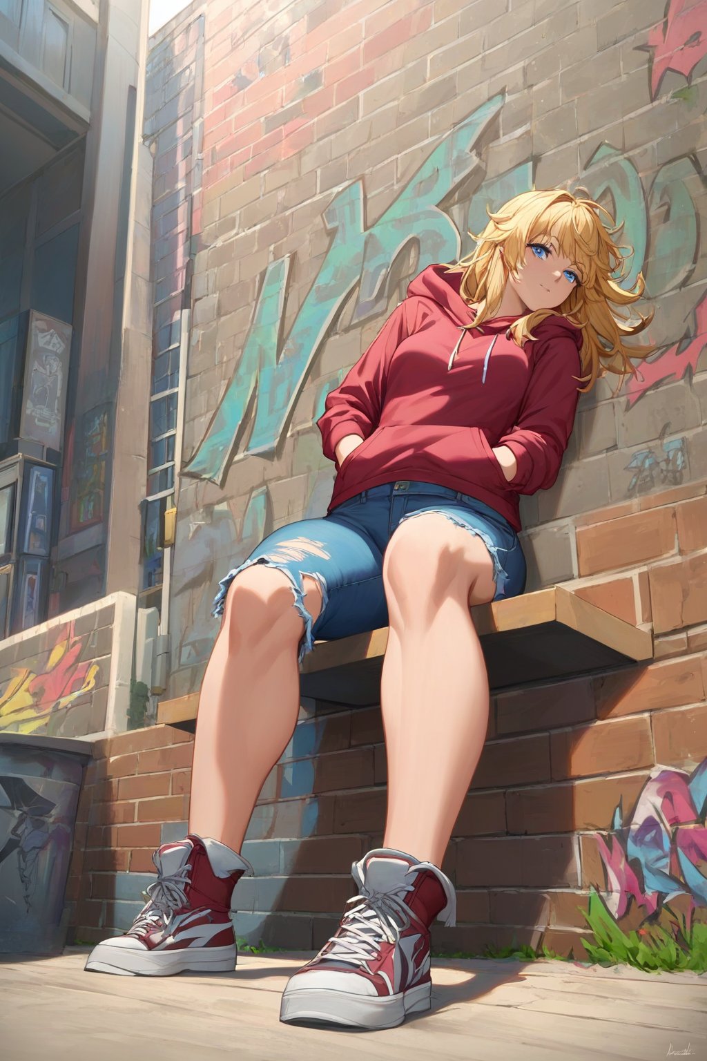 score_9, score_8_up, score_7_up, source_anime, masterpiece, high detailed,very aesthetic, ritto, 1girl, blonde hair, blue eyes, detailed gorgeous eyes, perfect face, detailed face, street-style girl, sitting, confident pose, under bridge, graffiti art, urban setting, hoodie, ripped jeans, sneakers, vibrant colors, expressive graffiti, shadows, natural lighting, BREAK, relaxed expression, hands in pockets, cool demeanor, wind-blown hair, cinematic, dusk, from_below,