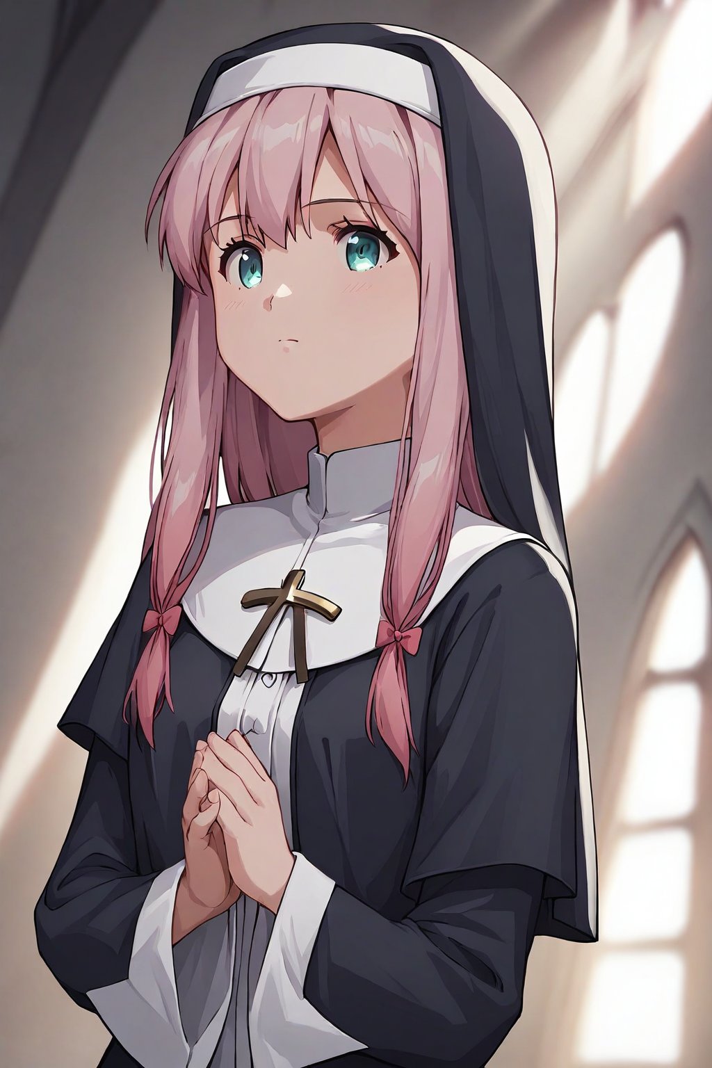 score_9, score_8_up, score_7_up, source_anime, masterpiece, high detailed,very aesthetic, koizumi yogiri, 1girl, grey hair, aqua eyes, pink hair, multicolored hair, detailed gorgeous eyes, perfect face, detailed face, pray in the church, detailed background, nun clothes, dutch_angle, god rays, concept art,