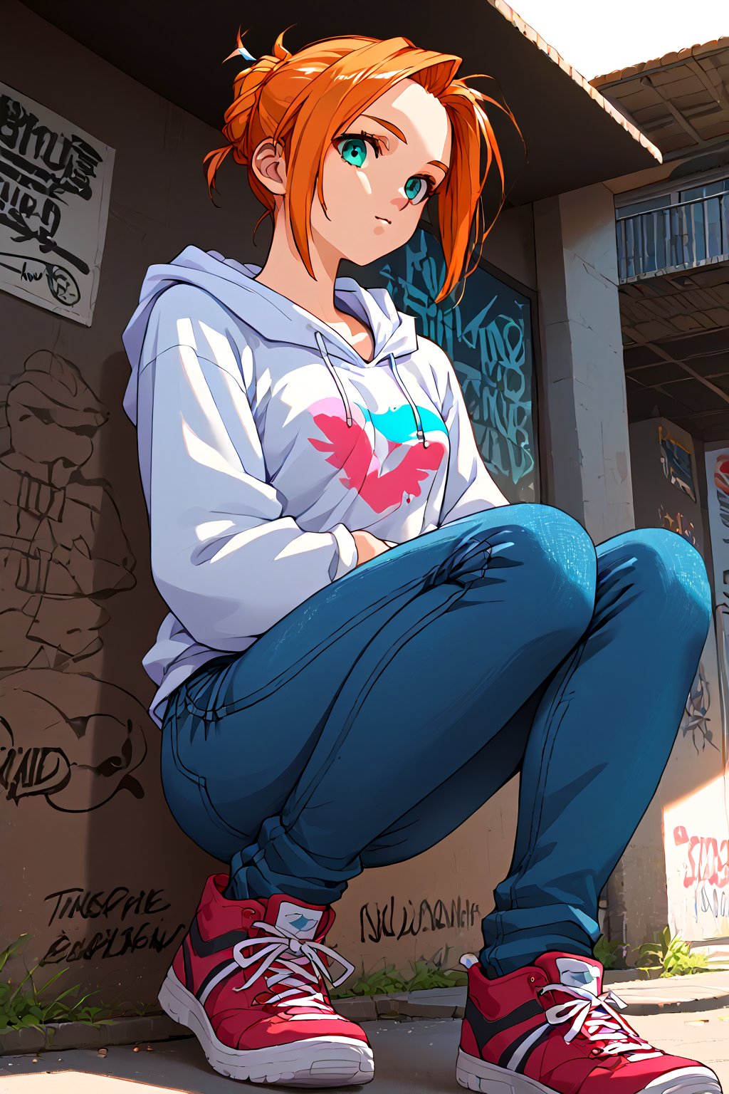 score_9, score_8_up, score_7_up, source_anime, masterpiece, high detailed,very aesthetic, kanou makoto, 1girl, orange hair, aqua eyes, detailed gorgeous eyes, perfect face, detailed face, street-style girl, sitting, confident pose, under bridge, graffiti art, urban setting, hoodie, ripped jeans, sneakers, vibrant colors, expressive graffiti, shadows, natural lighting, BREAK, relaxed expression, hands in pockets, cool demeanor, wind-blown hair, cinematic, dusk, from_below,