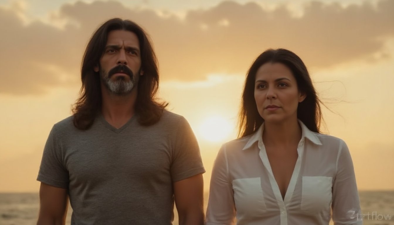 Photography, outdoor, cinematic lighting (from below: 1.0) of Gas a 40-year-old handsome man with very long, unkempt brown hair and a grey t-shirt standing next to Pao a woman with long, straight black hair blowing in the wind, wearing a white blouse with the buttons suggestively undone. (((They both look up at the sky at the same point to the right))), (((They both look up at the sky at the same point to the right))) and have the same posture, the man with a serious expression, the woman with a soft gaze. The setting sun behind them fills the sky with warm orange and yellow hues, creating a calm, contemplative mood. Cinematic lighting from below casts soft shadows, enhancing their features. The scene is bathed in a warm golden glow, with a subtle film grain and a slightly desaturated colour palette, evoking a serene and nostalgic atmosphere, que recuerda a una película de Zack Snyder, skin texture, Details 