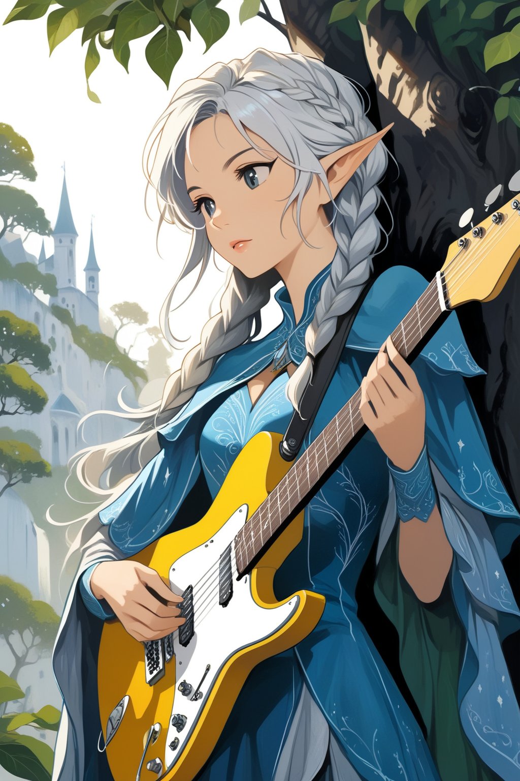 (masterpiece, high quality, 8K, high_res), ((ink and pencil drawning style)), solo, Elfe woman with guitar 
flat illustration, ultra detailed, perfect merge fantasy setting and fantasy character, realistic drawning style, fantasy elements. surreal, incredibly beautiful elven woman, elf ears, soft white hair, long braid hairstyle, elven cloths, royal cloths, completely detailed, standing under a tree and playing with electric  guitar in your arms  waiting for someone, organic interaction with the environment, looking away, Flat vector art, Leonardo Style, portraitart