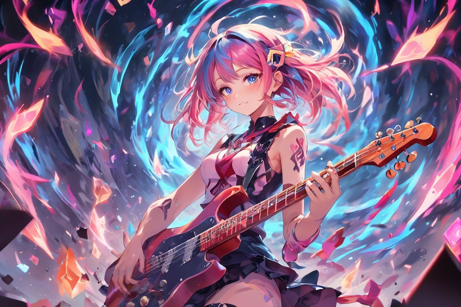 Magical guitarist girl . Concert background with musical runic magic and vibrant colors. Highest quality score_9 with insane details and a sharp anime style.