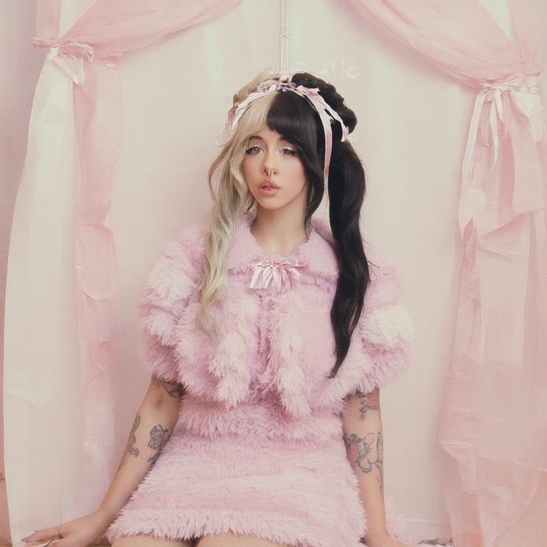 full body, à whimsical portrait of a girl dressed in a flowing long pink dress with delicate white ribbons tied at the neck. Her hair is styled into two high ponytails, one featuring jet-black locks, while the other showcases silky blonde strands. A silver crown adorns her head, adding a touch of fantasy to this pastel-inspired fashion scene, set against a soft, dreamy background.