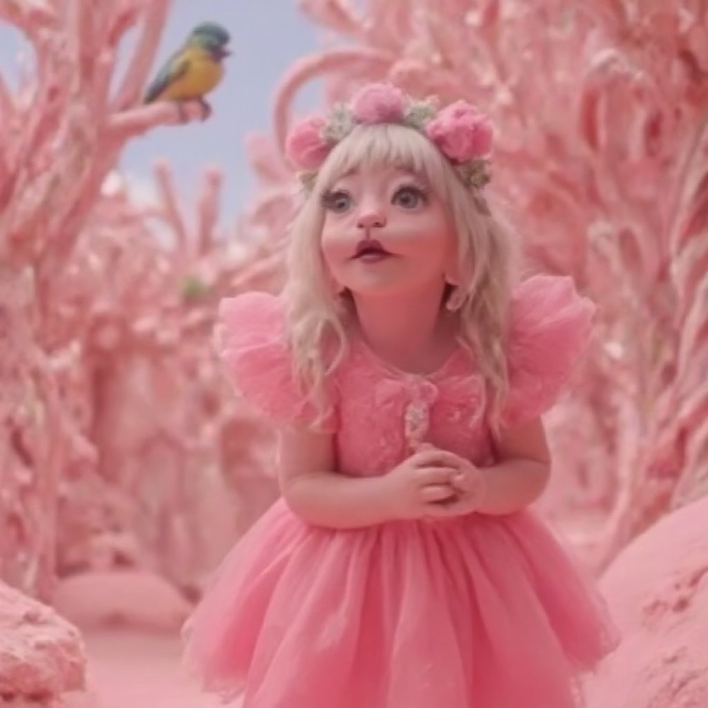 A young girl with a bright, pink dress and matching bow wanders along a winding, sandblasted path in a whimsical Candy Land. She looks around with wonder, surrounded by towering candy cane trees that seem to stretch up to the sugary sweet sky. Colorful candy birds perch on branches, their beady eyes twinkling. The girl's lips curve into a adorable smile as she takes in the fantastical scenery. Framed in 4K close-up, her rosy cheeks and sparkling gaze draw us in, making us feel like we're right there with her in this sugary wonderland.