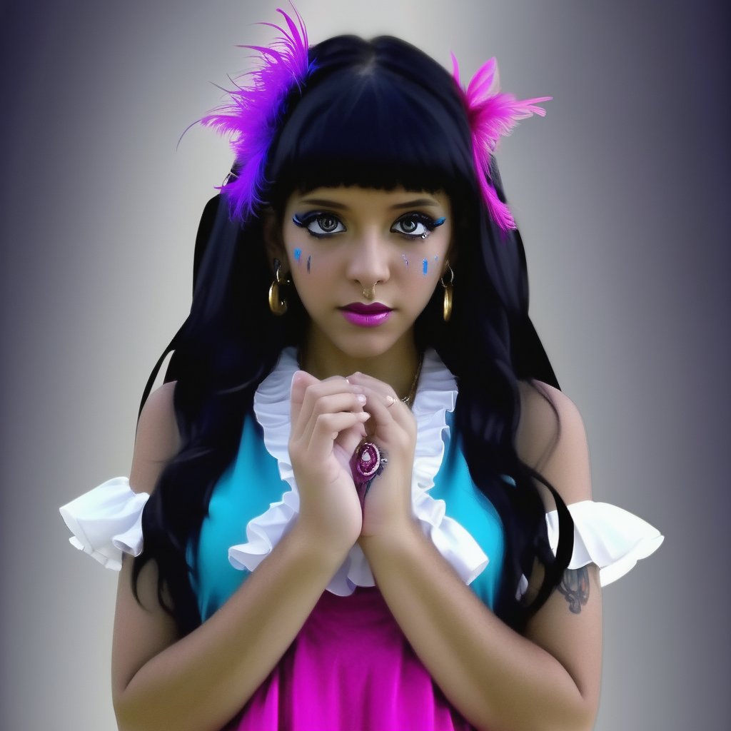 1girl, long black and blond hair with fushia pink feather, detailed outfit, long blue dress made of several tissues with different colours, white shirt with ruffles under, multiple coloured ribbons on the skirt, brighting jewellery on the clothes,golden and silver necklaces and rings, white makeup, body painting makeup, realistic, hands up, detailed background, dark universe, other planet, very close up, 4k quality, posing, dancing