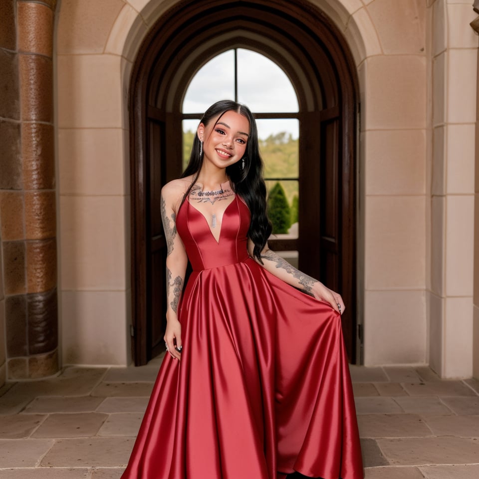 bellapoarch , blush, a woman,black hair, smiling, fashion clothes, long red dress, prom alike dress, in a castle