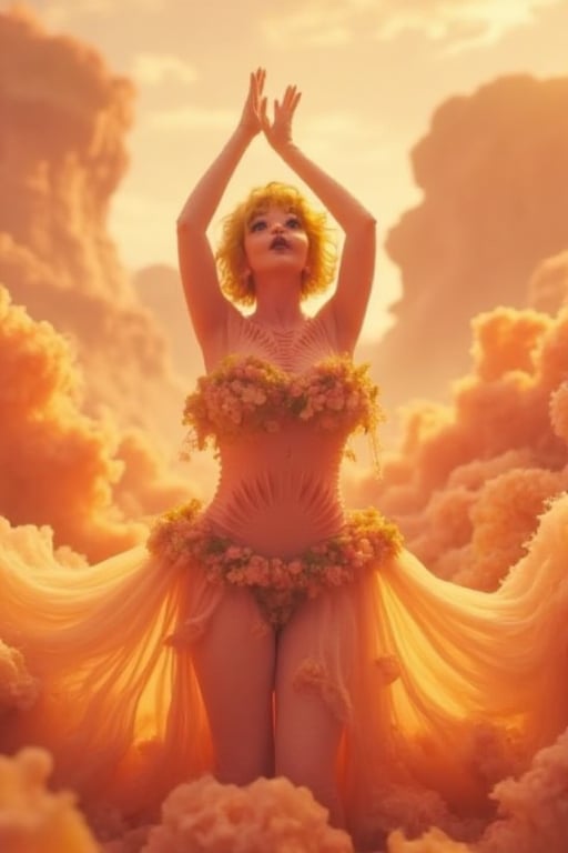 A whimsical scene unfolds: a lone girl stands amidst an orange-hued sky, her petite frame adorned with a flowing petal dress that rustles in the gentle breeze. Her short, bright yellow locks cascade down her head like a burst of sunshine. Four white eyes, set against her pink-textured skin, seem to gleam with an otherworldly intensity. Delicate flower petals adorn her neck, as if nature itself has woven a garland around her slender throat. Her hands rise upwards, palms facing the sky, as she strikes a pose that exudes quiet confidence and mystique.