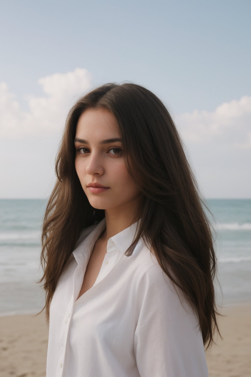 front view analog photo of a beautiful 25-year-old woman with (long brown hair), wearing a (white shirt) at beach, mid body, natural skin texture, realistic skin texture, (skin pores), (skin oils), masterpiece, fine art photography, award winning photography, attractive, looking at viewer, hyperdetailed
