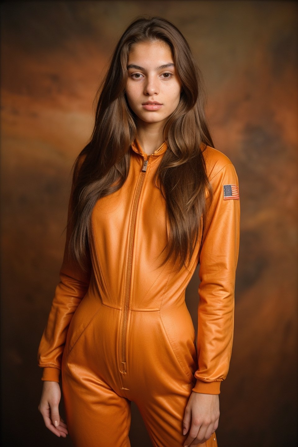 front view (analog photo) of a beautiful 20-year-old woman with brown long hair wearing an orange space suit, natural skin texture, realistic skin texture, (skin pores:0.8), (skin oils:0.6), masterpiece, fine art photography, award winning photography, new york background, attractive, looking at viewer, hyperdetailed, mid body