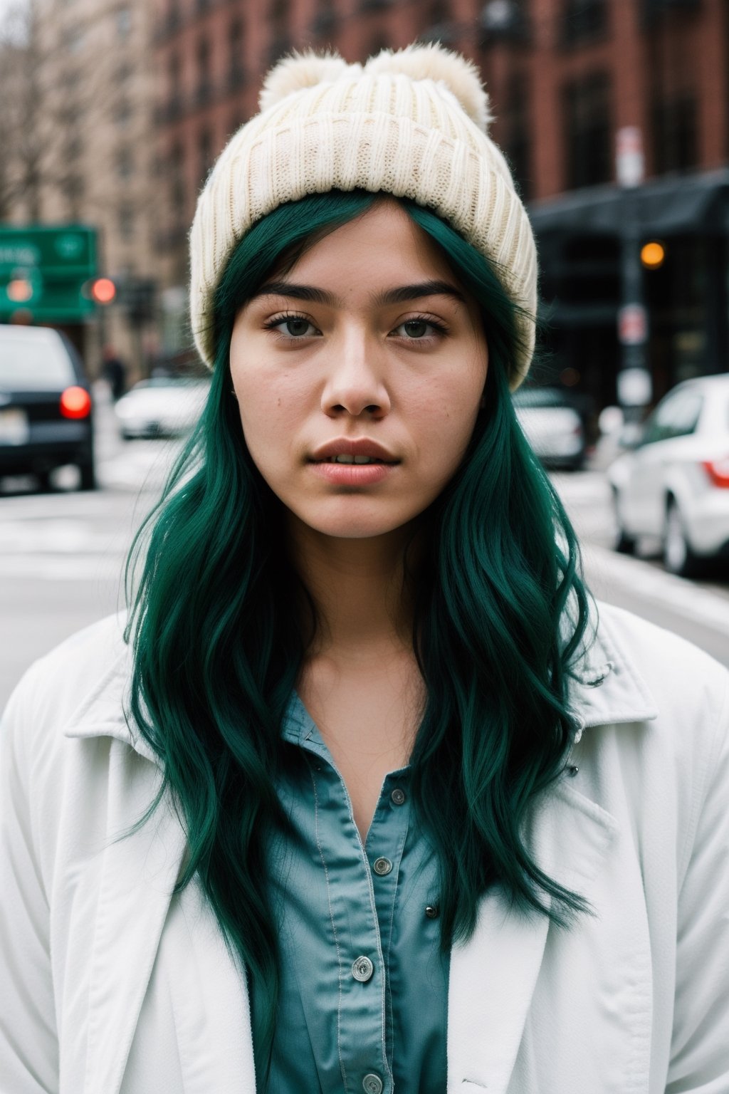 front view analog photo of a beautiful 25-year-old woman with long (green hair) wearing a (black beanie) and wearing a (white coat), natural skin texture, realistic skin texture, (skin pores), (skin oils), masterpiece, fine art photography, award winning photography, new york background