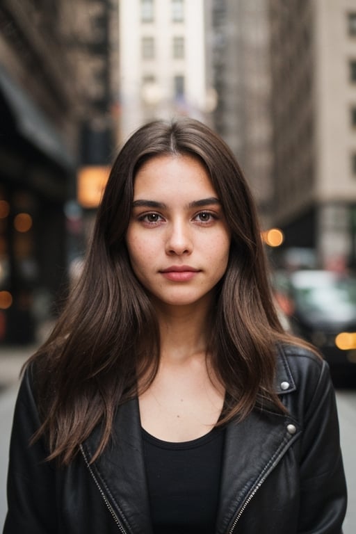 front view analog photo of a beautiful 25-year-old woman with (long brown hair) wearing a (black jacket) at new york, mid body, natural skin texture, realistic skin texture, (skin pores), (skin oils), masterpiece, fine art photography, award winning photography, attractive, looking at viewer, hyperdetailed
