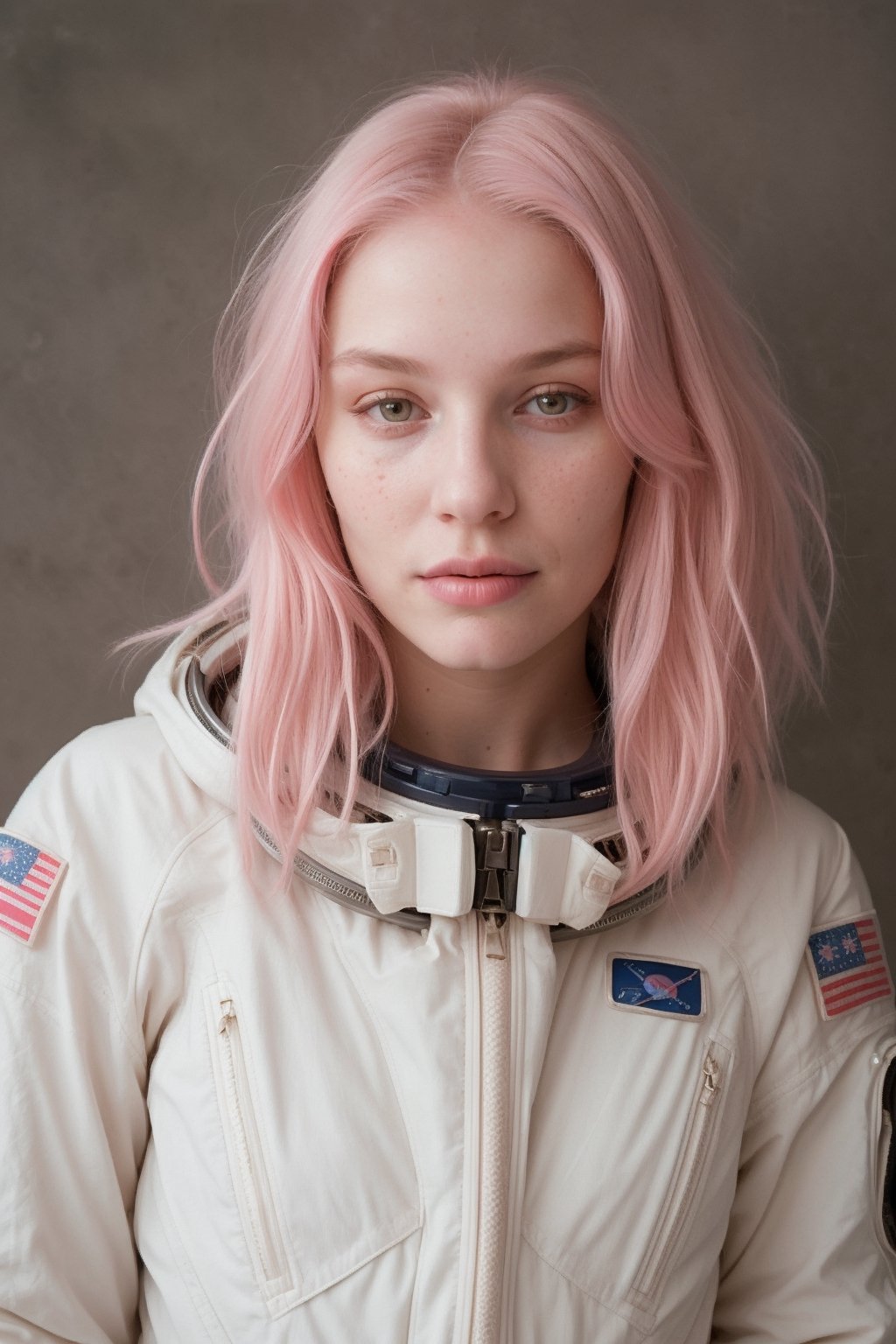 front view analog photo of a beautiful 25-year-old woman with (long baby pink hair) wearing a (space suit), natural skin texture, realistic skin texture, (skin pores), (skin oils), masterpiece, fine art photography, award winning photography, cold new york background