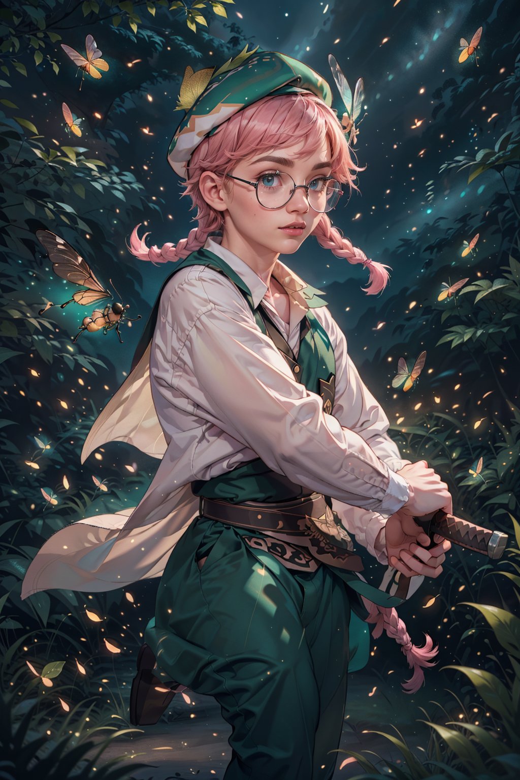  1 man, male face , pink braid hair, twink body, big round glasses, freckles face,  ,green eyes  , kawaii ,ventidef, beret,venti (genshin impact),firefliesfireflies,battoujutsu