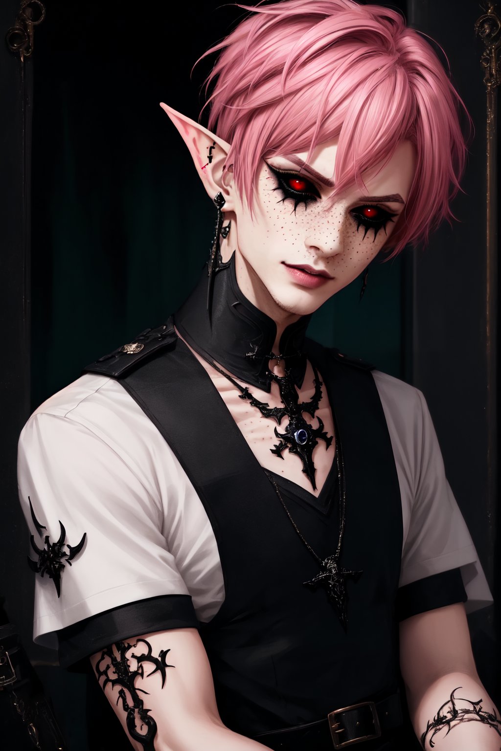  1 man, male face , short pink hair, twink body, freckles face , kawaii ,perfect light , elf ear,fantasy clothing,wrenchftmfshn,Completely_black_eyes,dark_sclera,empty eyes,black sclera , intense smile , looking at the camera