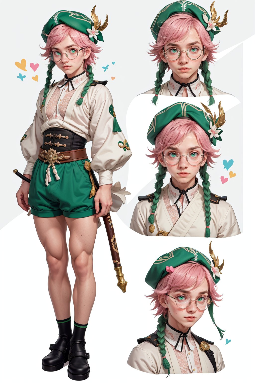  1 man, male face , pink braid hair, twink body, big round glasses, freckles face,  ,green eyes  , kawaii ,ventidef, beret,venti (genshin impact),battoujutsu,(CharacterSheet:1),(multiple views, full body, upper body, reference sheet:1)