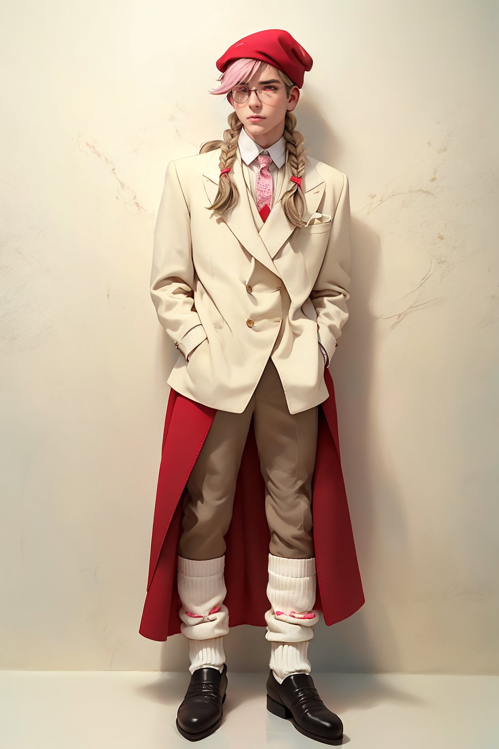  1 man, male face , pink braid hair, twink body, big round glasses, freckles face, ,high red eyes  , kawaii ,ventidef, beret,venti (genshin impact), men suit , wearing men's boots,loose socks,jyojifuiu,white socks