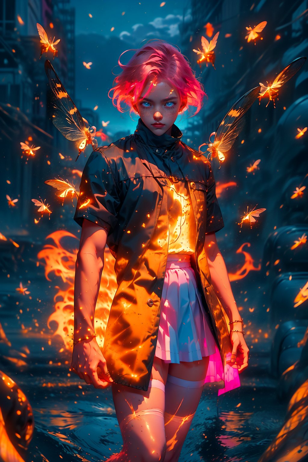  1 man, male face ,  freckles ,at night in the city  ,blue eyes , pink short hair , kawaii , wearing mini white skirt, harness, side brown bag, stockings BREAK,firefliesfireflies,r1ge