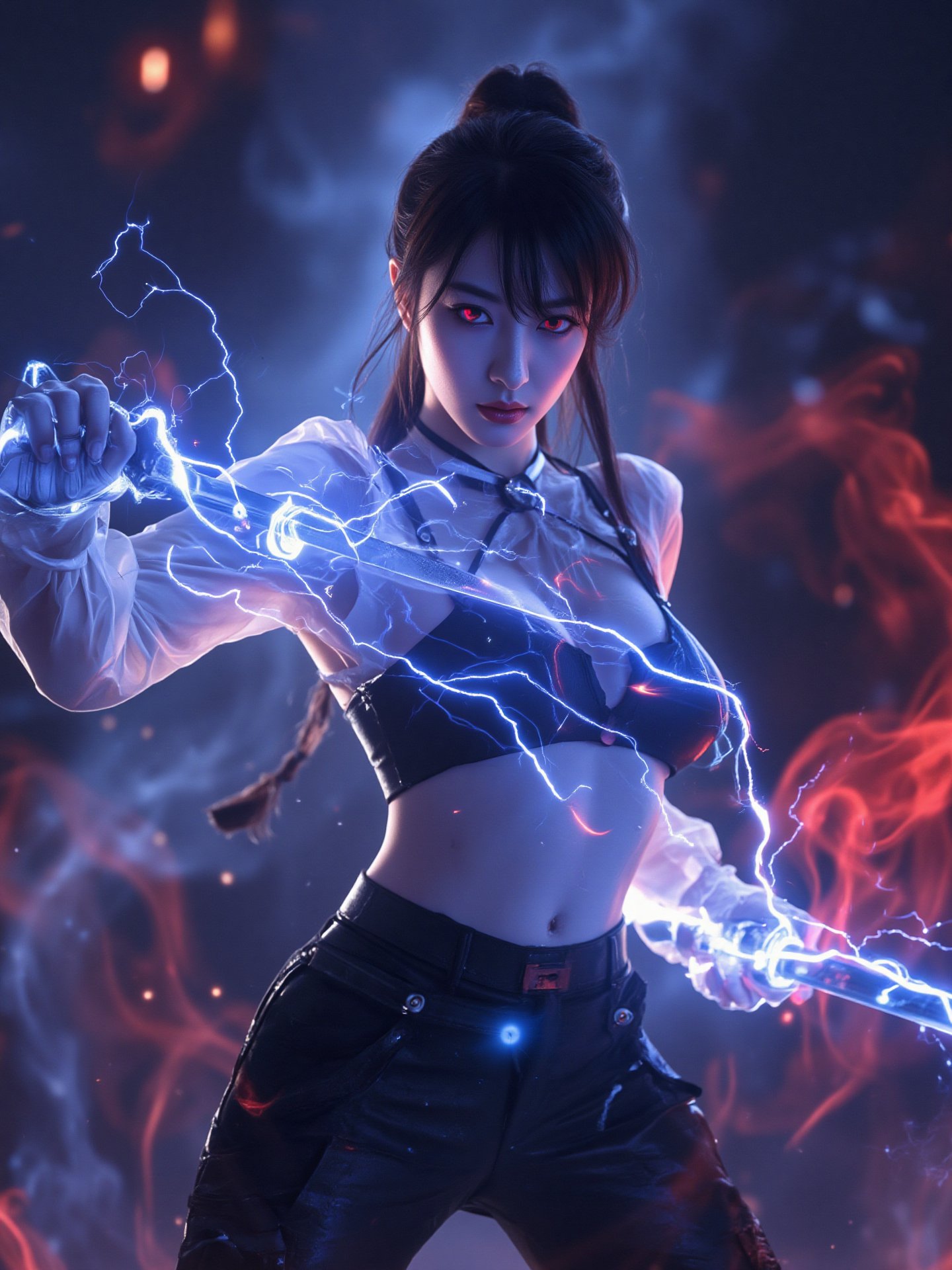 This image is a piece of digital art that looks like a futuristic or sci-fi scene. It shows a close-up of A beautiful female warrior in black pants and a white blouse wields a katana with flashing blue electricity at the audience. Sparks, embers, and electricity erupt around her in a dim and blurry background, and swirls of dark red magic explode and fly in response. Anime Style, She has a long black ponytail and angled bangs that hide the glow of her red eyes. High contrast and saturated colors. The cool colors of the character's body and the warm colors of the background create a strong visual impact.
High-tech cyberpunk style,
Vertigo, Splash of Neon Colors, (Colorful Glowing Smoke) ((Dynamic Effects)), Best Quality, Wallpaper Art, UHD, Medium Scene, MSchiffer Art, ((Flat Colors)), (cel-shading style) Very Bold Neon Colors, Psychedelic Environments.