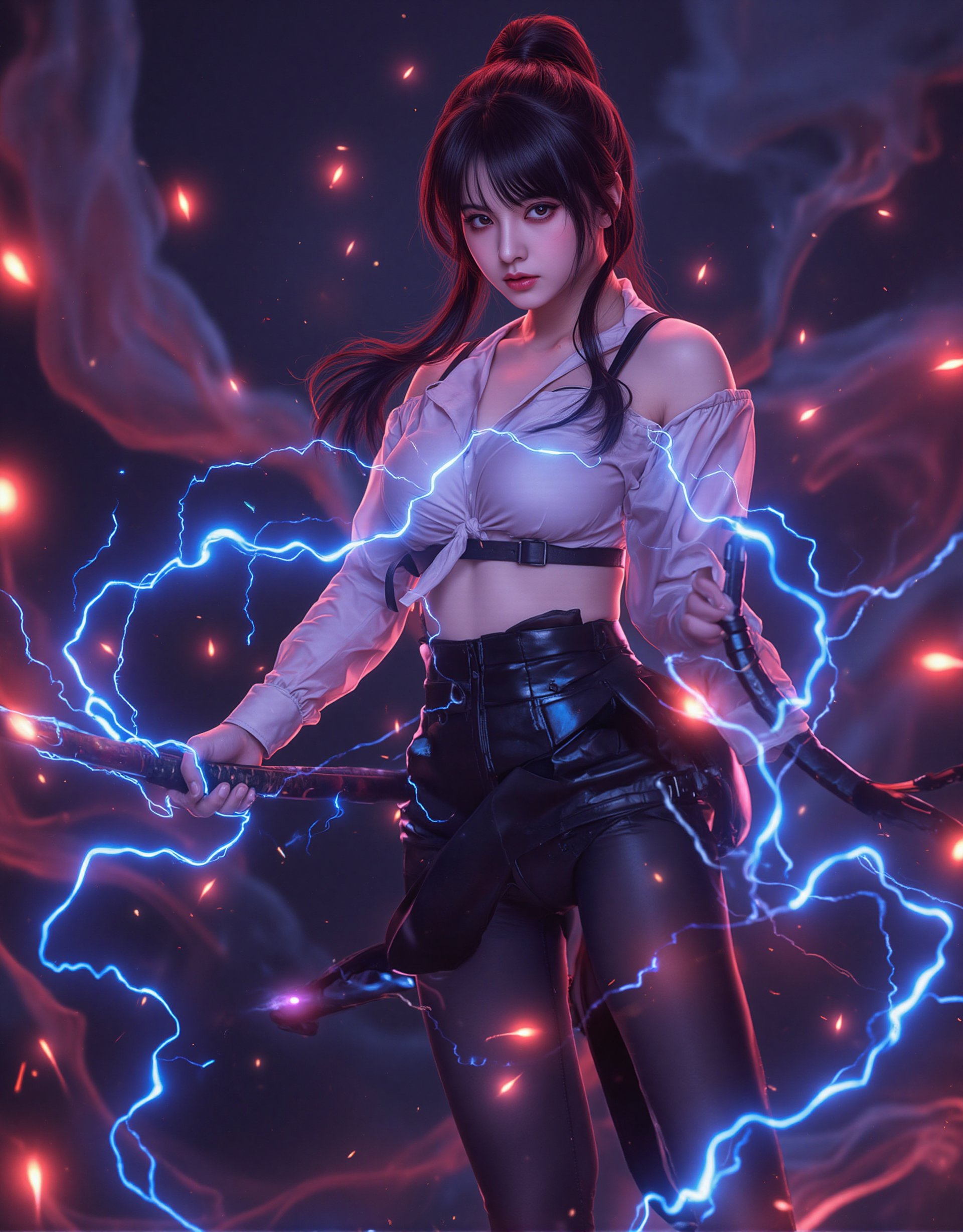 This image is a piece of digital art that looks like a futuristic or sci-fi scene. It shows a close-up of A beautiful female warrior in black pants and a white blouse wields a katana with flashing blue electricity at the audience. Sparks, embers, and electricity erupt around her in a dim and blurry background, and swirls of dark red magic explode and fly in response. Anime Style, She has a long black ponytail and angled bangs that hide the glow of her red eyes. High contrast and saturated colors. The cool colors of the character's body and the warm colors of the background create a strong visual impact.
High-tech cyberpunk style,
Vertigo, Splash of Neon Colors, (Colorful Glowing Smoke) ((Dynamic Effects)), Best Quality, Wallpaper Art, UHD, Medium Scene, MSchiffer Art, ((Flat Colors)), (cel-shading style) Very Bold Neon Colors, Psychedelic Environments.