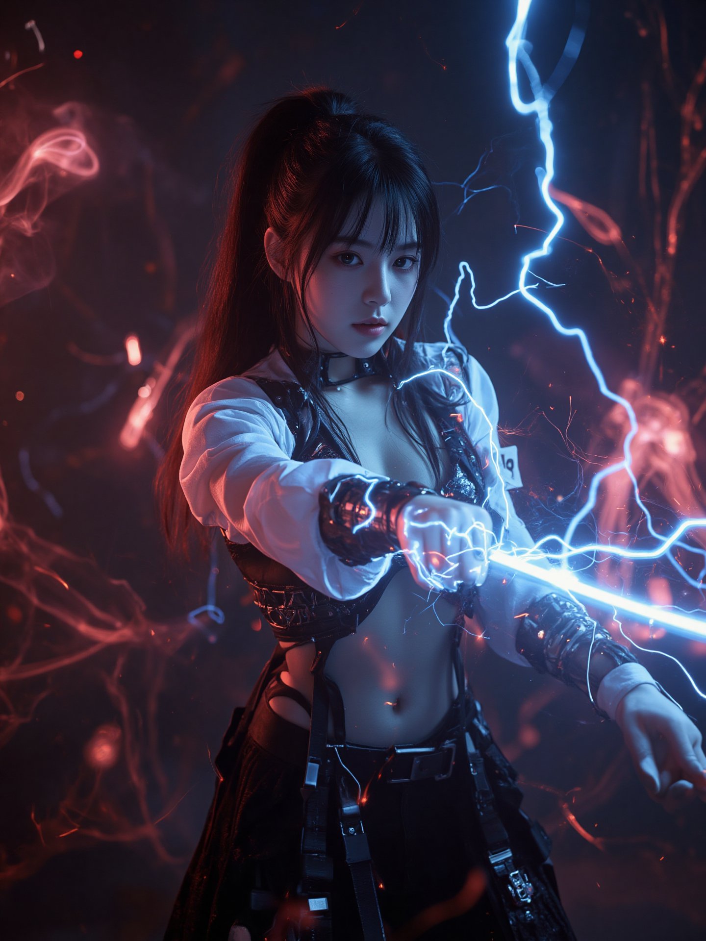 This image is a piece of digital art that looks like a futuristic or sci-fi scene. It shows a close-up of A beautiful female warrior in black pants and a white blouse wields a katana with flashing blue electricity at the audience. Sparks, embers, and electricity erupt around her in a dim and blurry background, and swirls of dark red magic explode and fly in response. Anime Style, She has a long black ponytail and angled bangs that hide the glow of her red eyes. High contrast and saturated colors. The cool colors of the character's body and the warm colors of the background create a strong visual impact.
High-tech cyberpunk style,
Vertigo, Splash of Neon Colors, (Colorful Glowing Smoke) ((Dynamic Effects)), Best Quality, Wallpaper Art, UHD, Medium Scene, MSchiffer Art, ((Flat Colors)), (cel-shading style) Very Bold Neon Colors, Psychedelic Environments.