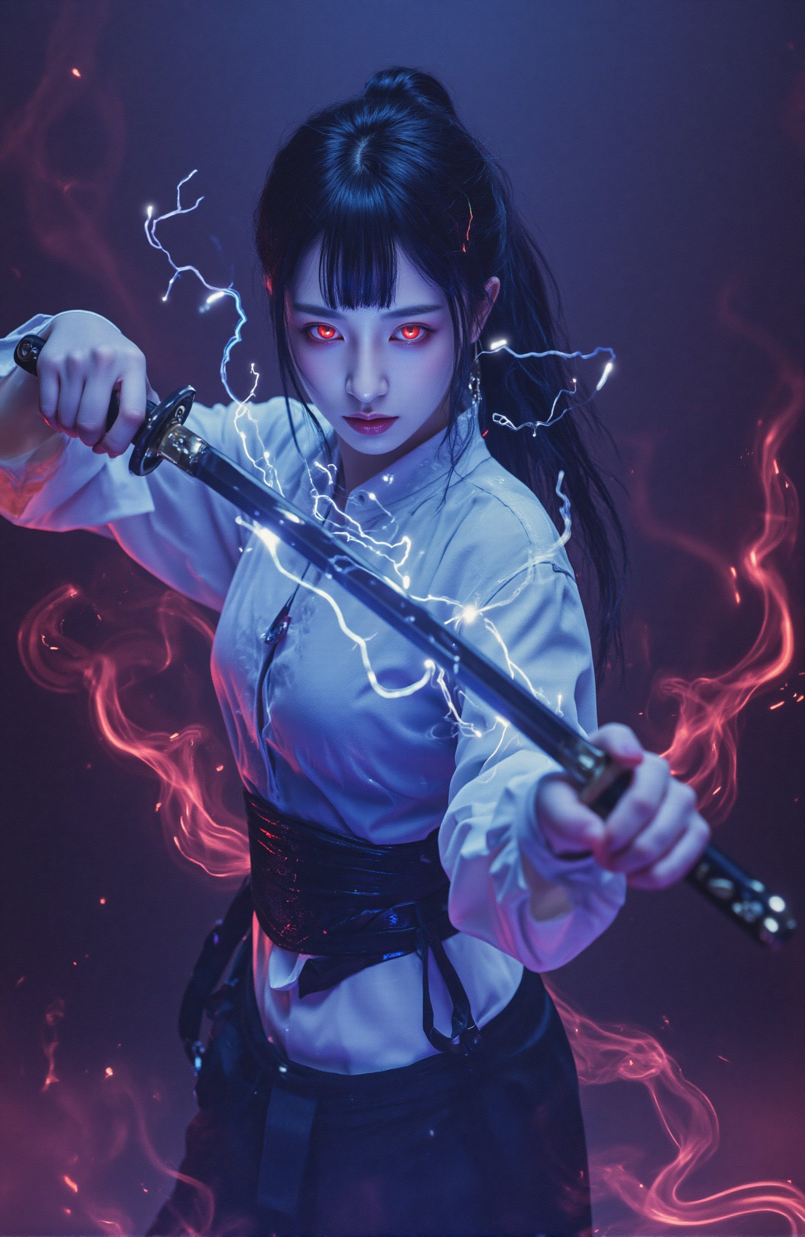 This image is a piece of digital art that looks like a futuristic or sci-fi scene. It shows a close-up of A beautiful female warrior in black pants and a white blouse wields a katana with flashing blue electricity at the audience. Sparks, embers, and electricity erupt around her in a dim and blurry background, and swirls of dark red magic explode and fly in response. Anime Style, She has a long black ponytail and angled bangs that hide the glow of her red eyes. High contrast and saturated colors. The cool colors of the character's body and the warm colors of the background create a strong visual impact.
High-tech cyberpunk style,
Vertigo, Splash of Neon Colors, (Colorful Glowing Smoke) ((Dynamic Effects)), Best Quality, Wallpaper Art, UHD, Medium Scene, MSchiffer Art, ((Flat Colors)), (cel-shading style) Very Bold Neon Colors, Psychedelic Environments.