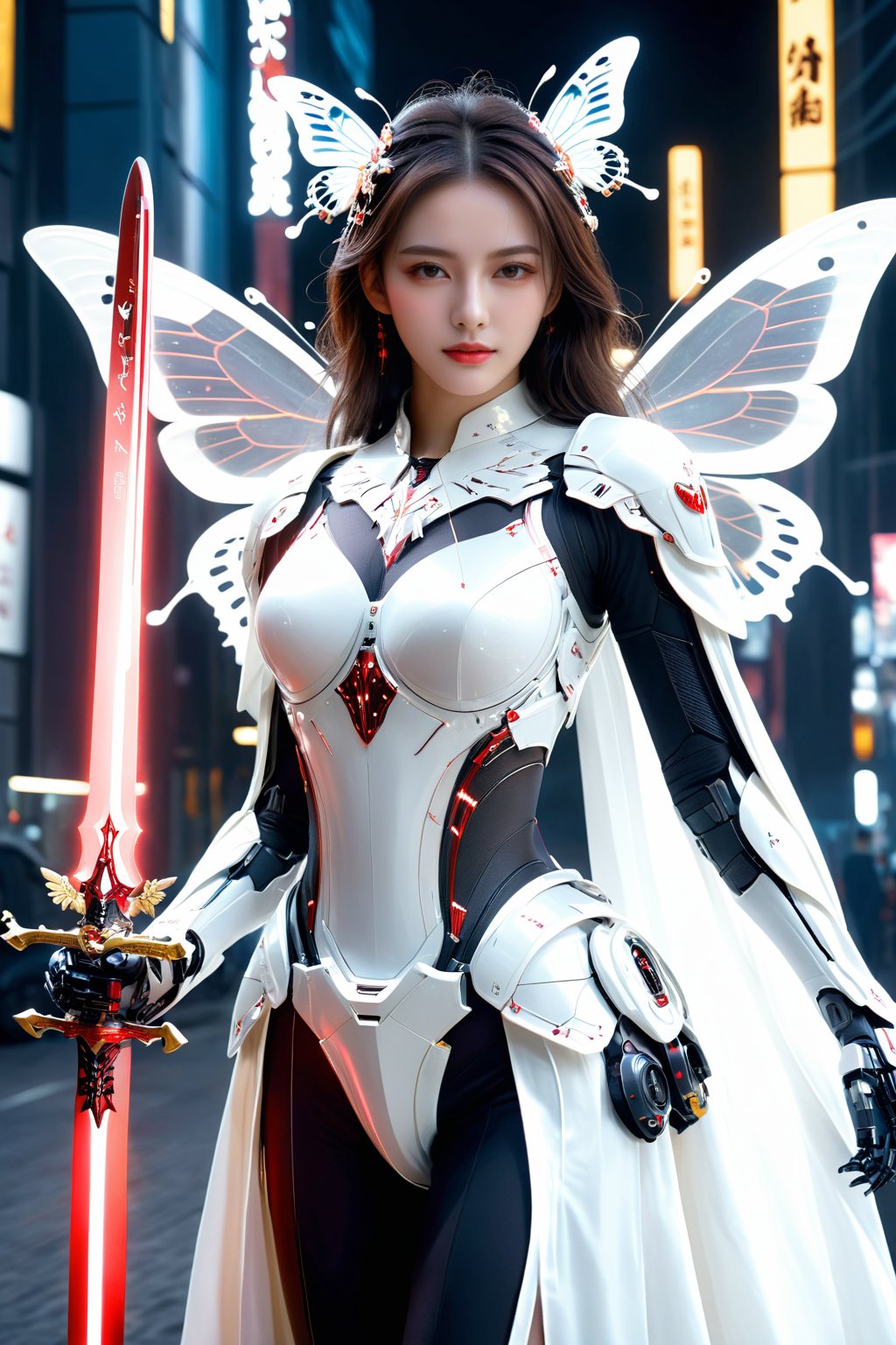 (ultra realistic,best quality),photorealistic,Extremely Realistic, in depth, cinematic light,mecha\(hubggirl)\,butterfly\(hubggirl)\,

a hubggirl robot soldier with white cape,holding a glowing red sword,

dynamic poses, particle effects, 
perfect hands, perfect lighting, vibrant colors, 
intricate details, high detailed skin, 
intricate background, realism, realistic, raw, analog, taken by Canon EOS,SIGMA Art Lens 35mm F1.4,ISO 200 Shutter Speed 2000,Vivid picture,