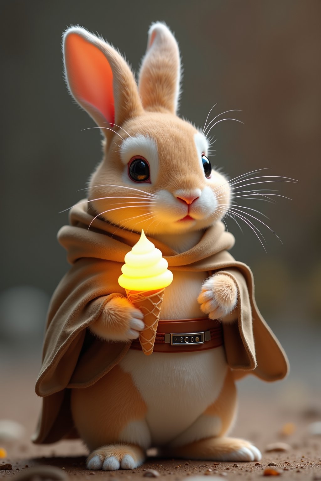 Realistic 16k mini bunny wearing Obi-Wan Kenobi costume and holding glowing ice cream.