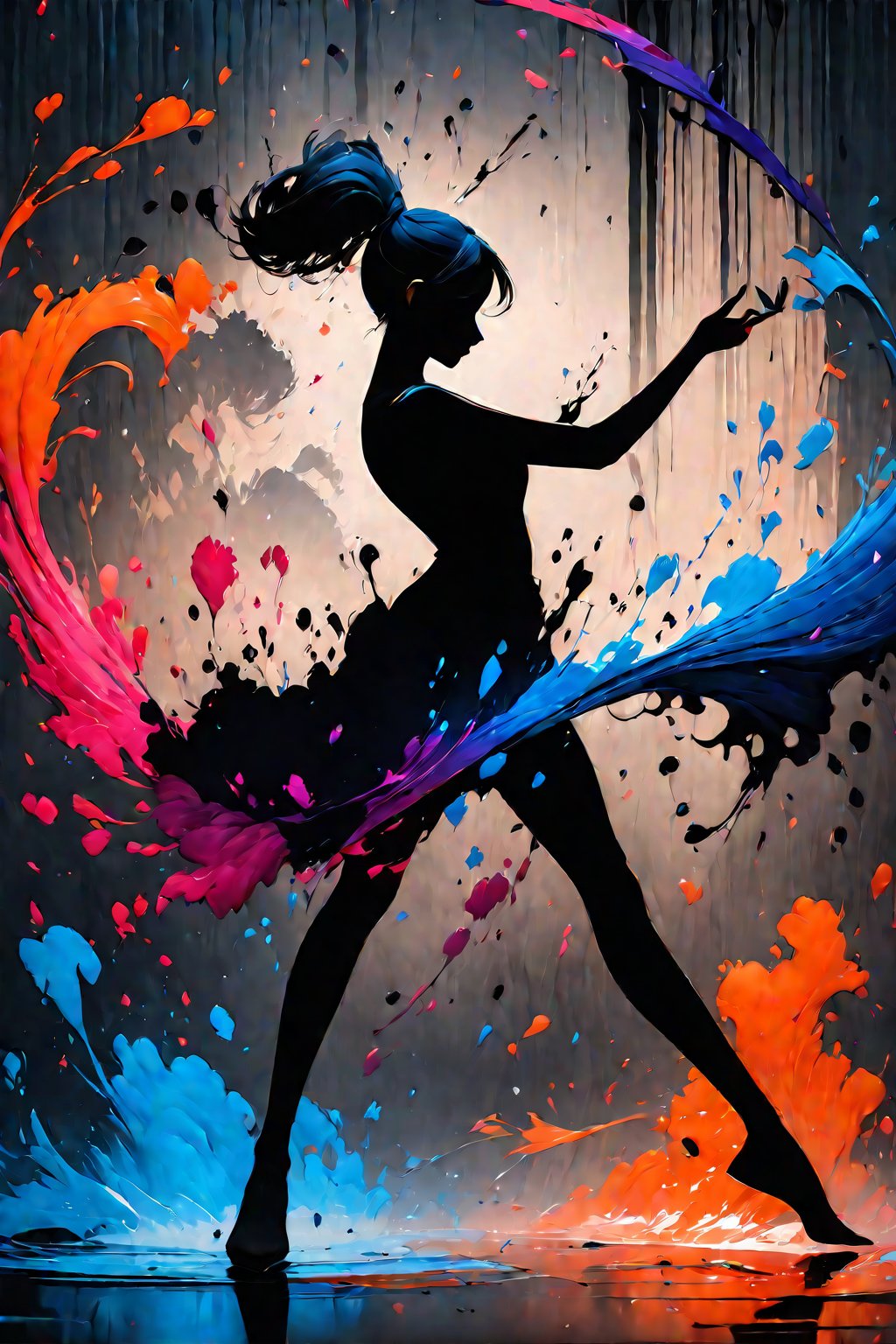 silhouette of a girl, ink brushstrokes in background, looking at viewer, dancing pose, ink rain, stunning image, ink smoke, digital art, professional style, ((masterpiece quality: 2)), ink droplets, attractive image.,INK,Ink art