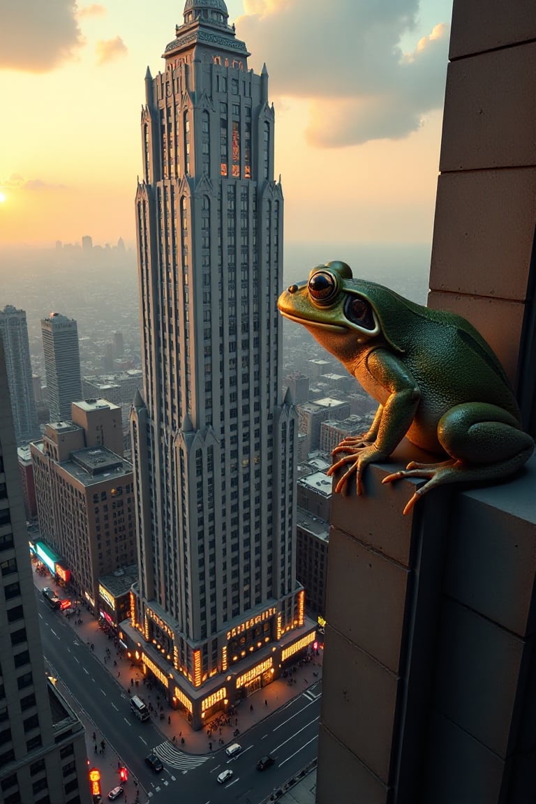 A towering Art Deco skyscraper with intricate geometric patterns and metallic accents, set against a backdrop of a bustling city. The building is framed with a wide-angle shot, capturing the vibrant streets below with neon signs and busy pedestrians. A very large frog, almost as tall as the skyscraper, is perched on the edge of the building, looking down at the city. The lighting is dramatic, with the sun setting behind the skyscraper, casting long shadows and illuminating the metallic surfaces. The composition emphasizes the grandeur of the skyscraper, contrasting it with the lively urban environment and the unexpected presence of the giant frog.