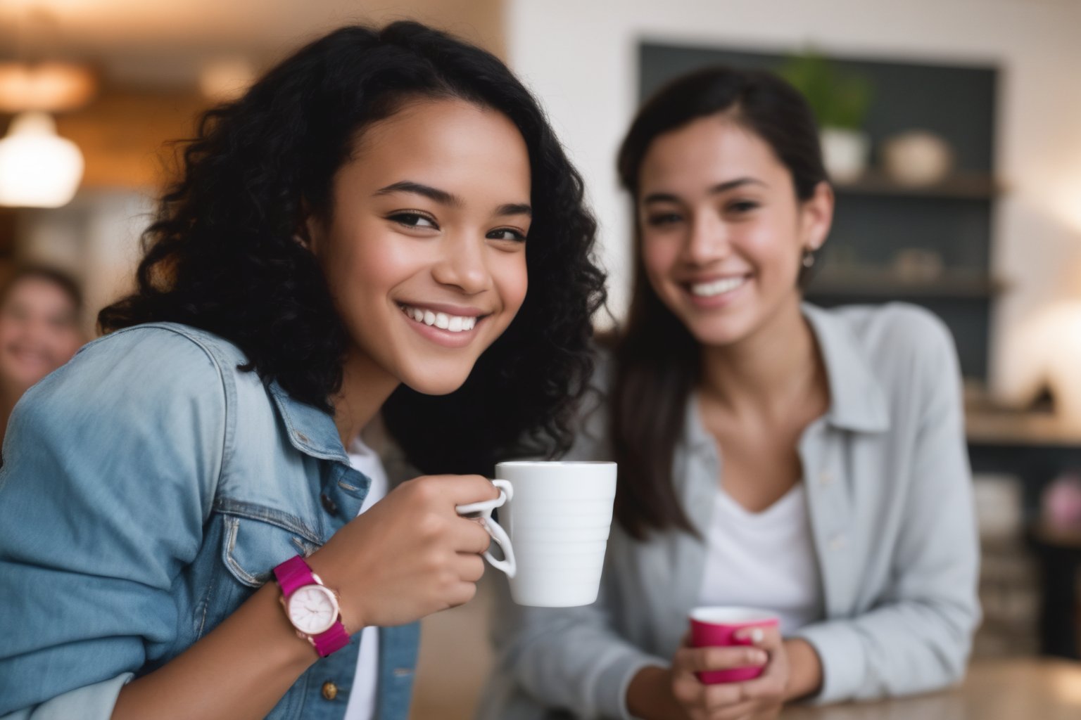 Candid snapshot of three friends in a cozy indoor setting: two boys blurred in the background, one with facial hair, and wristwatch. Foreground features a smiling girl with short black hair, and radiant smile, holding a cup while wearing white shirt, grey skirt, blue denim jacket, pink watch, and gazing at her own phone.