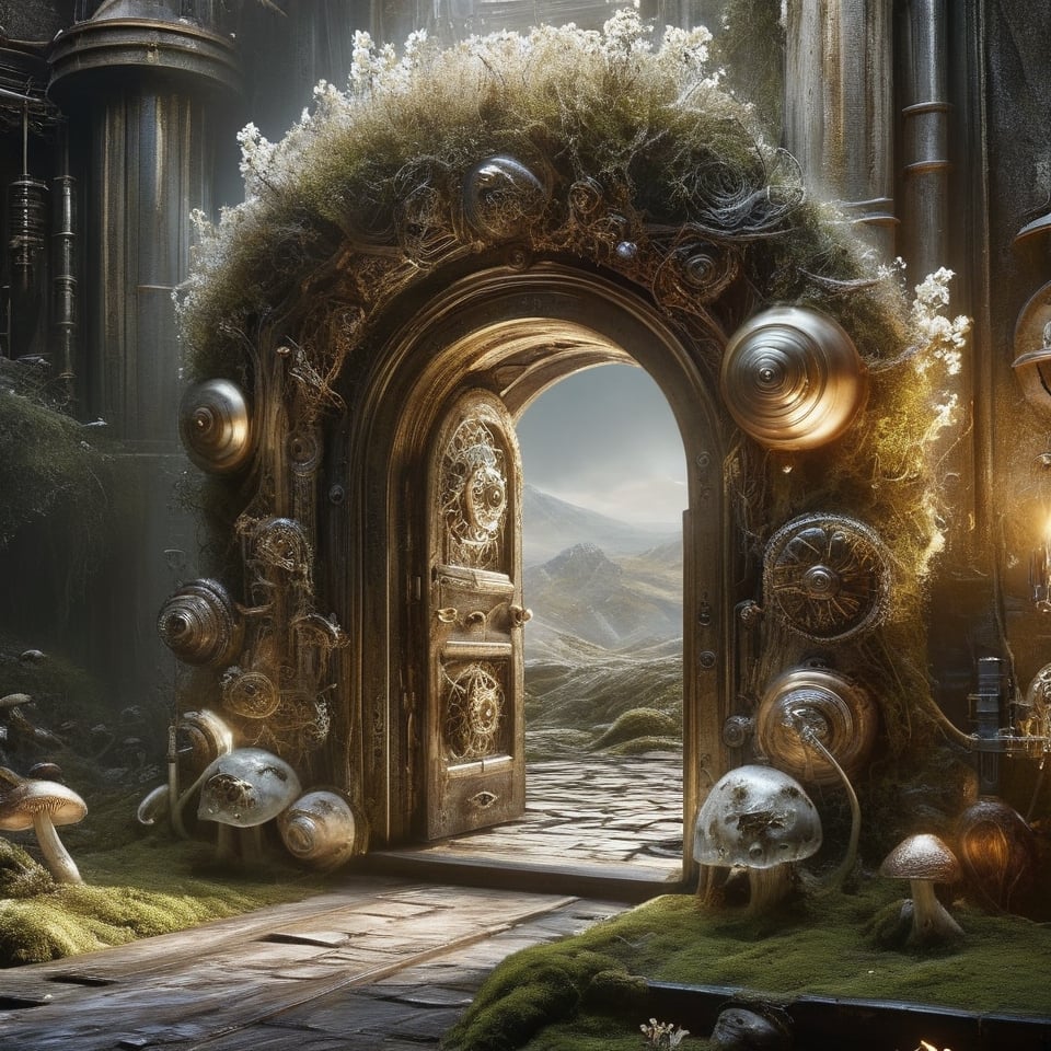 Detailed photo, giant door, ajar, decorated with natural elements, such as flowers, moss, mushrooms. a white light comes out from inside,ghostrider, science fiction,DonMSt34mPXL