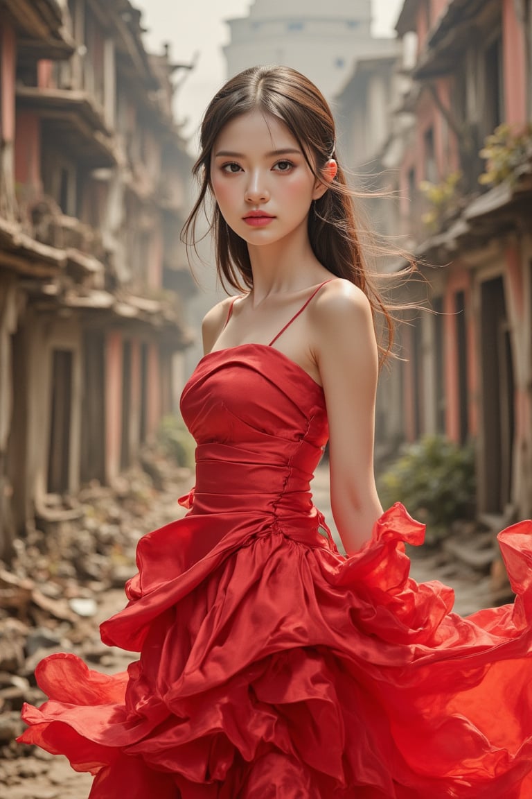 (Masterpiece, High Quality, 8K Resolution) A beautiful front-view painting of a Thai woman with a sweet and gentle expression. She is wearing a flowing red silk dress that drapes elegantly around her. The background shows a dilapidated old city, with subtle and simple lines that convey its worn-down state. The scene is painted in romantic tones, blending watercolor and traditional painting techniques to create a surreal and fantasy atmosphere. The overall composition feels dreamlike and magical, with soft, flowing brushstrokes merging realism and surrealism in a perfect balance.,ct-skyzo_identity