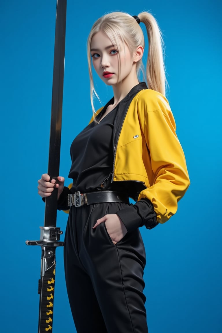 (masterpiece, high quality, ultra-realistic, 8k resolution, fine lineart, highly detailed). A stunning Asian woman with long blonde hair, tied back in a ponytail, stands confidently while holding a large katana in her right hand. She is wearing a sleek black outfit with a yellow jacket draped over her shoulders. Her eyes are a striking blue, and her lips are painted a deep red, creating a vibrant contrast with her outfit. She wears a black leather belt adorned with yellow stars, adding a unique touch to her look. The backdrop is a vibrant blue, which further enhances the contrast between her outfit and the scene, making her stand out. The overall composition captures her strength and confidence, with the sword held firmly in her hand, ready for action. The lighting highlights the textures of her jacket, belt, and sword, making the scene feel dynamic and full of energy.,ct-identityV2