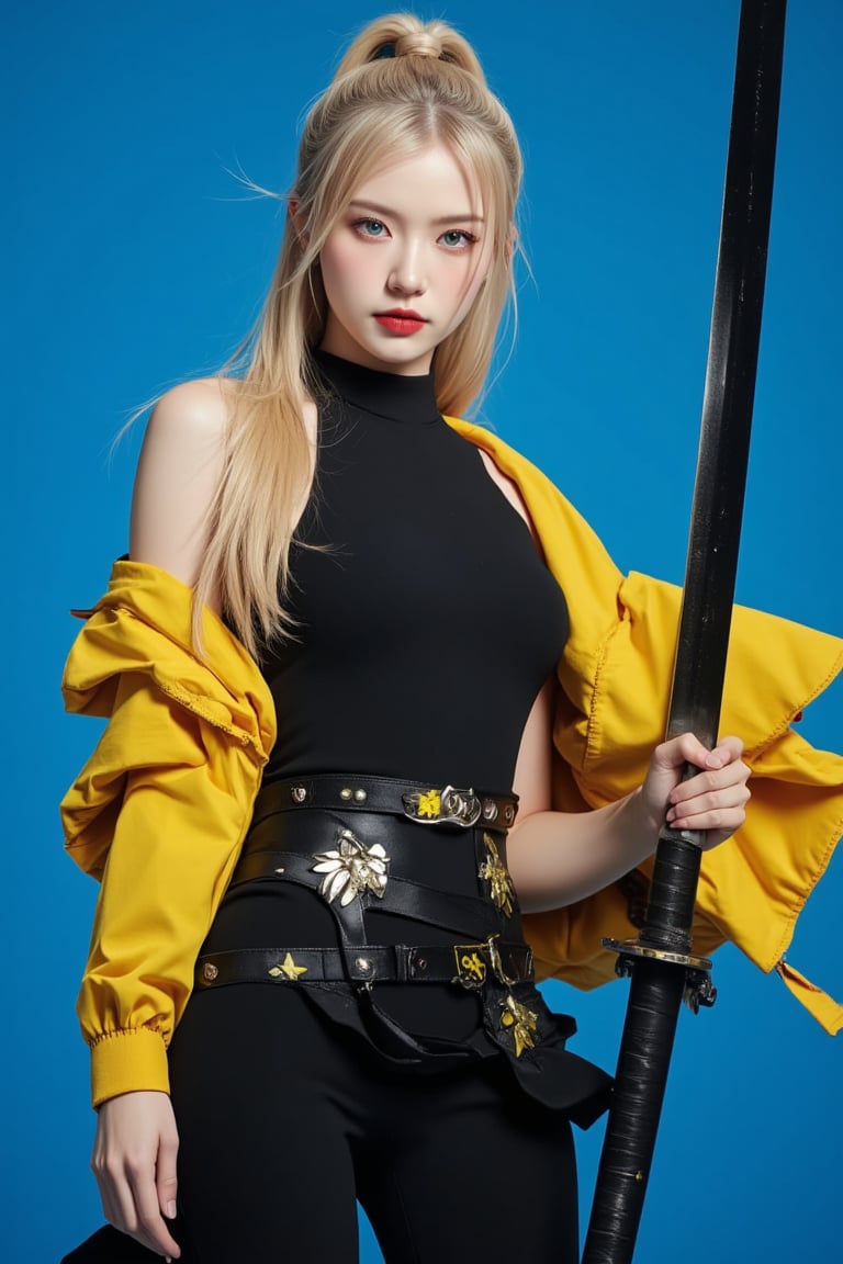 (masterpiece, high quality, ultra-realistic, 8k resolution, fine lineart, highly detailed). A stunning Asian woman with long blonde hair, tied back in a ponytail, stands confidently while holding a large katana in her right hand. She is wearing a sleek black outfit with a yellow jacket draped over her shoulders. Her eyes are a striking blue, and her lips are painted a deep red, creating a vibrant contrast with her outfit. She wears a black leather belt adorned with yellow stars, adding a unique touch to her look. The backdrop is a vibrant blue, which further enhances the contrast between her outfit and the scene, making her stand out. The overall composition captures her strength and confidence, with the sword held firmly in her hand, ready for action. The lighting highlights the textures of her jacket, belt, and sword, making the scene feel dynamic and full of energy.,ct-identityV2