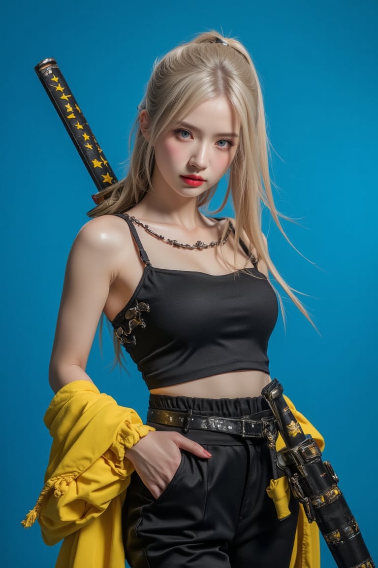 (masterpiece, high quality, ultra-realistic, 8k resolution, fine lineart, highly detailed). A stunning Asian woman with long blonde hair, tied back in a ponytail, stands confidently while holding a large katana in her right hand. She is wearing a sleek black outfit with a yellow jacket draped over her shoulders. Her eyes are a striking blue, and her lips are painted a deep red, creating a vibrant contrast with her outfit. She wears a black leather belt adorned with yellow stars, adding a unique touch to her look. The backdrop is a vibrant blue, which further enhances the contrast between her outfit and the scene, making her stand out. The overall composition captures her strength and confidence, with the sword held firmly in her hand, ready for action. The lighting highlights the textures of her jacket, belt, and sword, making the scene feel dynamic and full of energy.,ct-identityV2