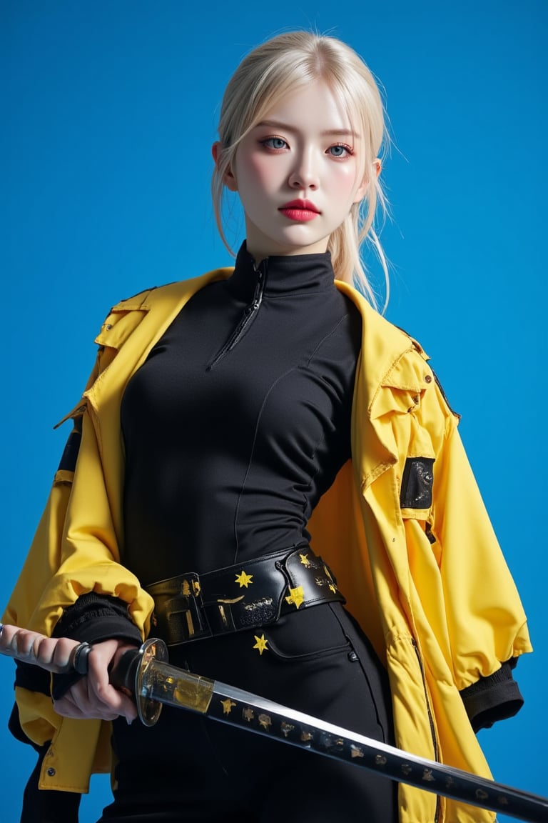 (masterpiece, high quality, ultra-realistic, 8k resolution, fine lineart, highly detailed). A stunning Asian woman with long blonde hair, tied back in a ponytail, stands confidently while holding a large katana in her right hand. She is wearing a sleek black outfit with a yellow jacket draped over her shoulders. Her eyes are a striking blue, and her lips are painted a deep red, creating a vibrant contrast with her outfit. She wears a black leather belt adorned with yellow stars, adding a unique touch to her look. The backdrop is a vibrant blue, which further enhances the contrast between her outfit and the scene, making her stand out. The overall composition captures her strength and confidence, with the sword held firmly in her hand, ready for action. The lighting highlights the textures of her jacket, belt, and sword, making the scene feel dynamic and full of energy.,ct-identityV2