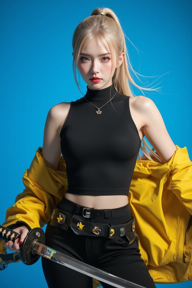 (masterpiece, high quality, ultra-realistic, 8k resolution, fine lineart, highly detailed). A stunning Asian woman with long blonde hair, tied back in a ponytail, stands confidently while holding a large katana in her right hand. She is wearing a sleek black outfit with a yellow jacket draped over her shoulders. Her eyes are a striking blue, and her lips are painted a deep red, creating a vibrant contrast with her outfit. She wears a black leather belt adorned with yellow stars, adding a unique touch to her look. The backdrop is a vibrant blue, which further enhances the contrast between her outfit and the scene, making her stand out. The overall composition captures her strength and confidence, with the sword held firmly in her hand, ready for action. The lighting highlights the textures of her jacket, belt, and sword, making the scene feel dynamic and full of energy.,ct-identityV2