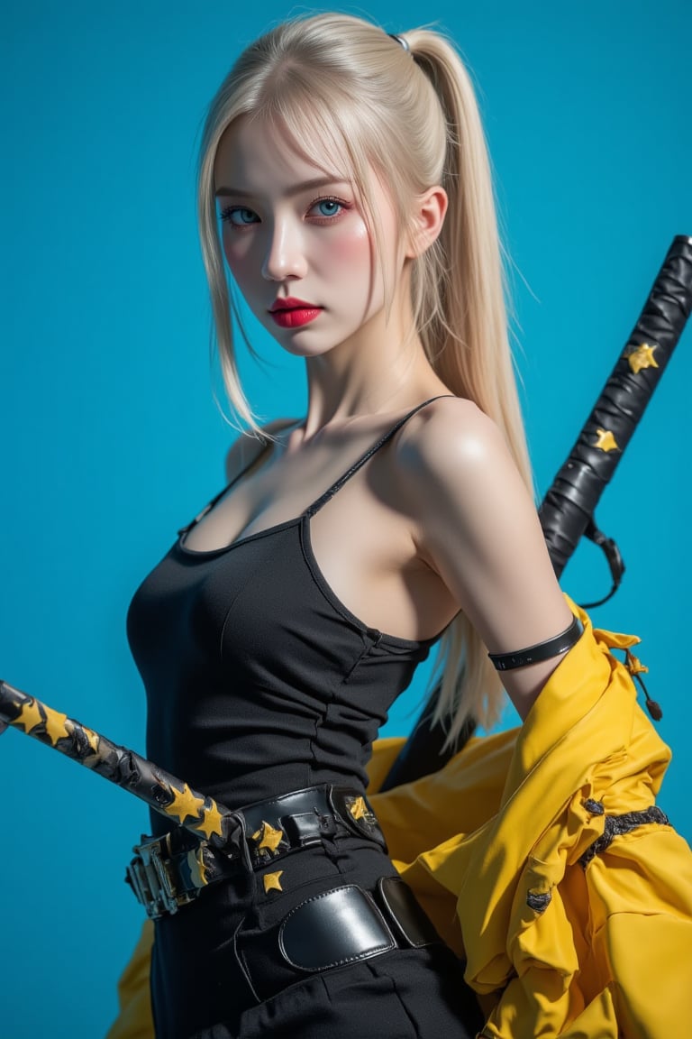 (masterpiece, high quality, ultra-realistic, 8k resolution, fine lineart, highly detailed). A stunning Asian woman with long blonde hair, tied back in a ponytail, stands confidently while holding a large katana in her right hand. She is wearing a sleek black outfit with a yellow jacket draped over her shoulders. Her eyes are a striking blue, and her lips are painted a deep red, creating a vibrant contrast with her outfit. She wears a black leather belt adorned with yellow stars, adding a unique touch to her look. The backdrop is a vibrant blue, which further enhances the contrast between her outfit and the scene, making her stand out. The overall composition captures her strength and confidence, with the sword held firmly in her hand, ready for action. The lighting highlights the textures of her jacket, belt, and sword, making the scene feel dynamic and full of energy.,ct-identityV2