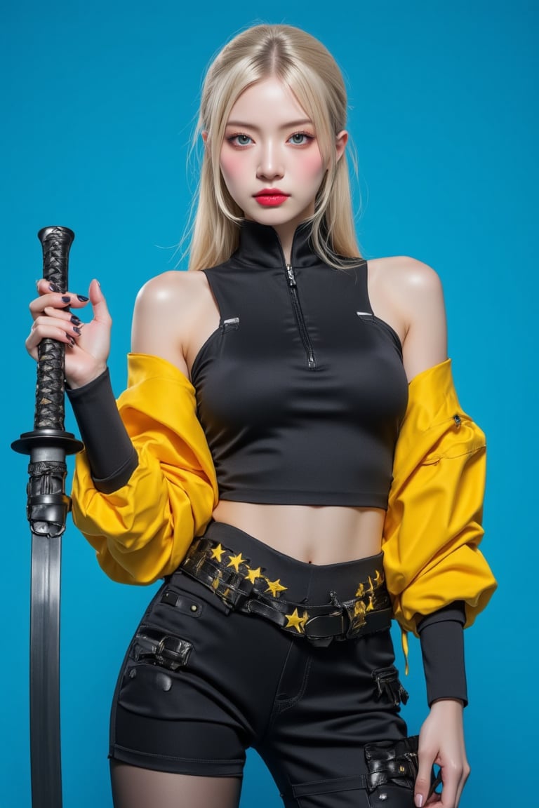 (masterpiece, high quality, ultra-realistic, 8k resolution, fine lineart, highly detailed). A stunning Asian woman with long blonde hair, tied back in a ponytail, stands confidently while holding a large katana in her right hand. She is wearing a sleek black outfit with a yellow jacket draped over her shoulders. Her eyes are a striking blue, and her lips are painted a deep red, creating a vibrant contrast with her outfit. She wears a black leather belt adorned with yellow stars, adding a unique touch to her look. The backdrop is a vibrant blue, which further enhances the contrast between her outfit and the scene, making her stand out. The overall composition captures her strength and confidence, with the sword held firmly in her hand, ready for action. The lighting highlights the textures of her jacket, belt, and sword, making the scene feel dynamic and full of energy.,ct-identityV2